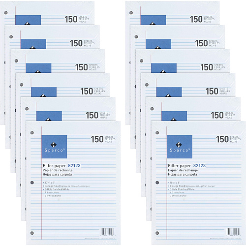 Sparco 3HP Filler Paper 1800 Sheets - College Ruled Front Ruling - Ruled Red Margin - 16 lb Basis Weight - 8" x 10 1/2" Sheet Size - White Paper - Bleed-free - 150/Pack - 12 / Bundle (82123BD)