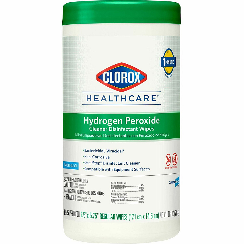 Clorox Healthcare Hydrogen Peroxide Cleaner Disinfectant Wipes 5.75" Length x 6.75" Width - Recommended For: Soap Scum Remover - Pre-moistened, Disinfectant, Deodorize, Anti-bacterial - White - 155/Tub - 1 Each (30825)