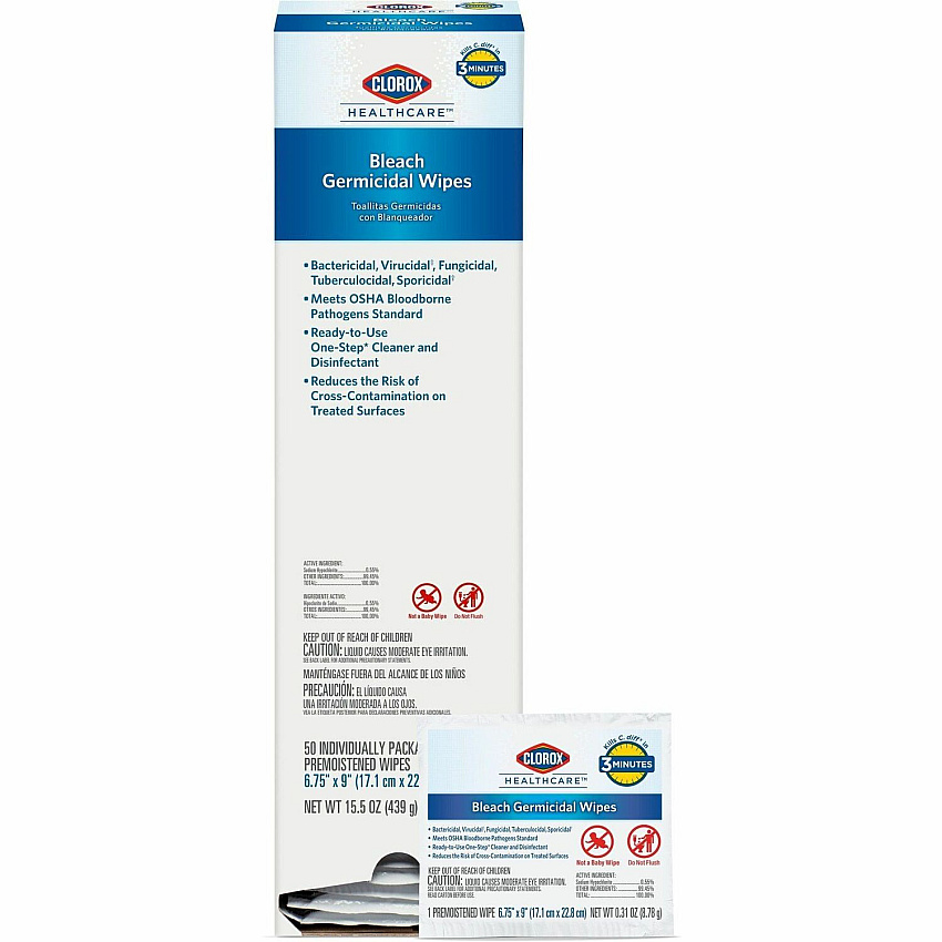 Clorox Healthcare Bleach Germicidal Wipes Ready-To-Use - 9" Length x 6.75" Width - Pre-moistened, Anti-bacterial, Disinfectant, Anti-corrosive - White - 50/Dispenser - 1 Each (31424)