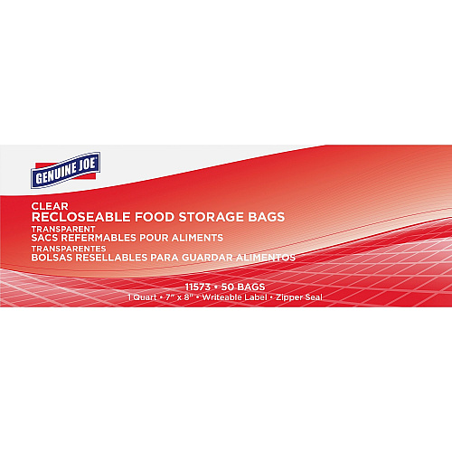 Genuine Joe Food Storage Bags 1 quart Capacity - 8" Length x 7" Width x 1.75 mil (44 Micron) Thickness - Clear - Food, Beef, Seafood, Poultry, Vegetables - 50 / Box (GJO11573)