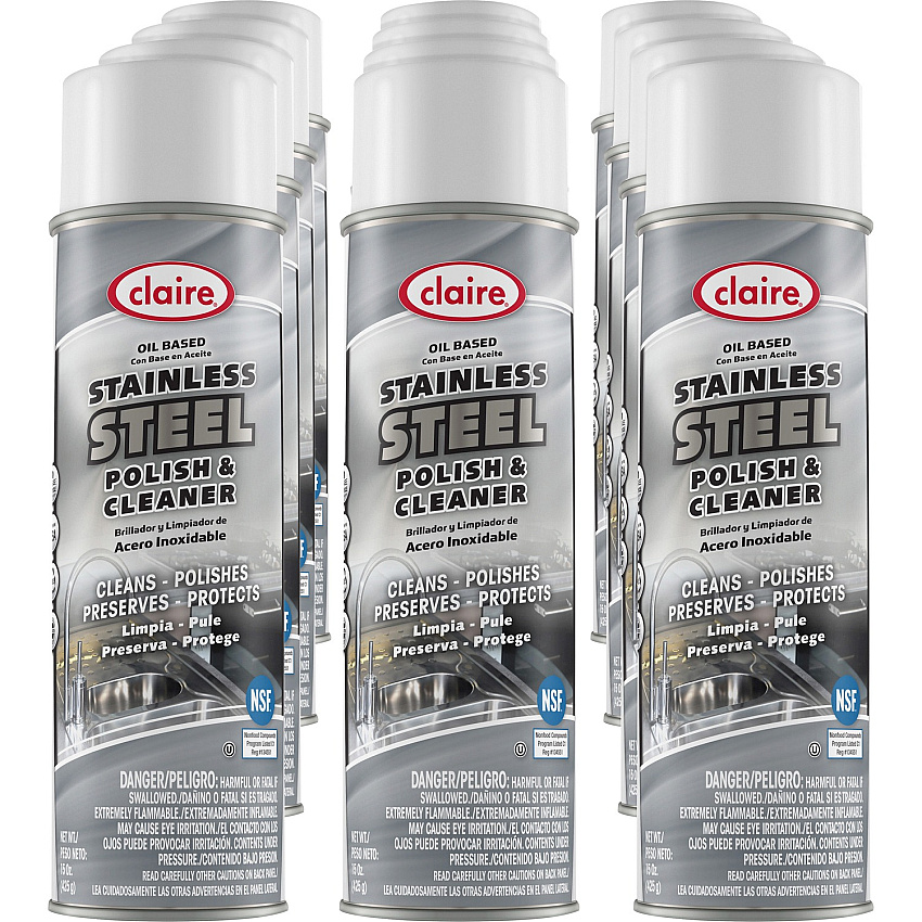 Claire Stainless Steel Polish and Cleaner 15 fl oz (0.5 quart) - Lemon Scent - Non-abrasive, CFC-free - Clear Can - 12 / Carton (CL841)