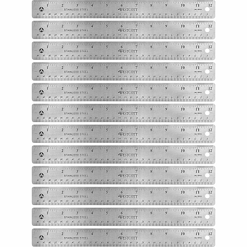 Westcott Stainless Steel Rulers 12" Length x 1" Width - 1/16, 1/32 Graduations - Metric, Imperial Measuring System - Stainless Steel - Stainless Steel - 12 / Box (10415BX)