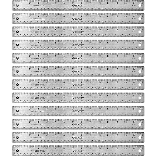 Westcott Stainless Steel Rulers 15" Length x 1" Width - 1/16, 1/32 Graduations - Metric, Imperial Measuring System - Stainless Steel - Stainless Steel - 12 / Box (10416BX)