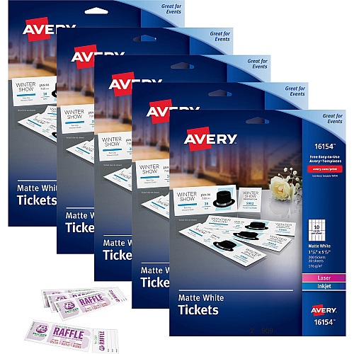 Avery&reg; Blank Tickets with Tear-Away Stubs 1 3/4" Width x 5 1/2" Length - Laser, Inkjet - Matte White - 20 / Sheet - 200/Pack - 5 / Carton (16154CT)