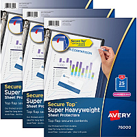 Avery&reg; Secure Top Sheet Protectors For Letter 8 1/2" x 11" Sheet - 3 x Holes - Ring Binder - Top Loading - Clear - Polypropylene - 25/Pack - 3 / Bundle (76000BD)