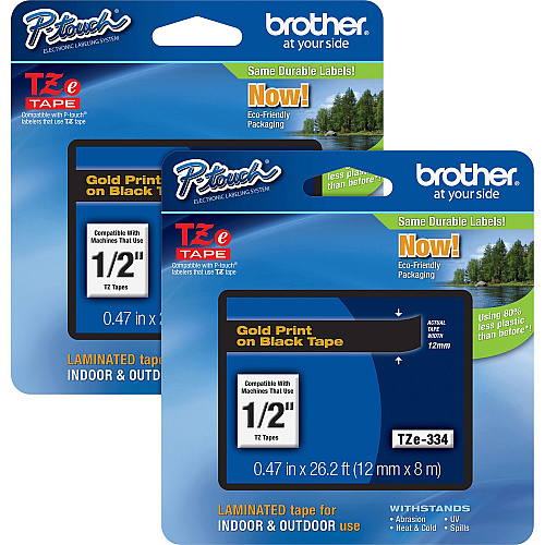 Brother P-touch TZe Laminated Tape Cartridges x 1/2" Width - Black - Water Resistant - Laminated - Grease Resistant, Grime Resistant, Temperature Resistant - 2 / Bundle (TZE334BD)