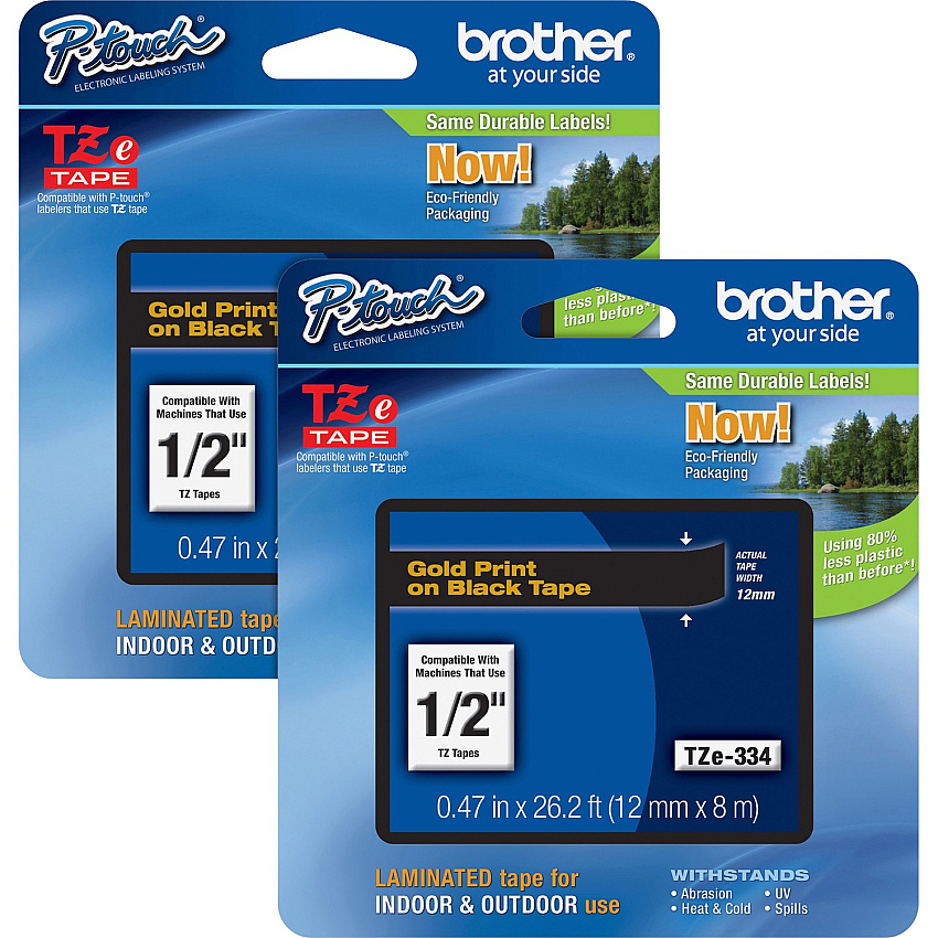 Brother P-touch TZe Laminated Tape Cartridges x 1/2" Width - Black - Water Resistant - Laminated - Grease Resistant, Grime Resistant, Temperature Resistant - 2 / Bundle (TZE334BD)