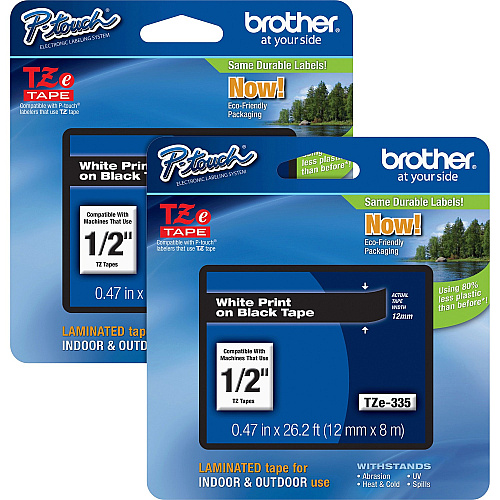 Brother P-touch TZe Laminated Tape Cartridges x 15/32" Width - Rectangle - Black - Water Resistant - Laminated - 2 / Bundle (TZE335BD)