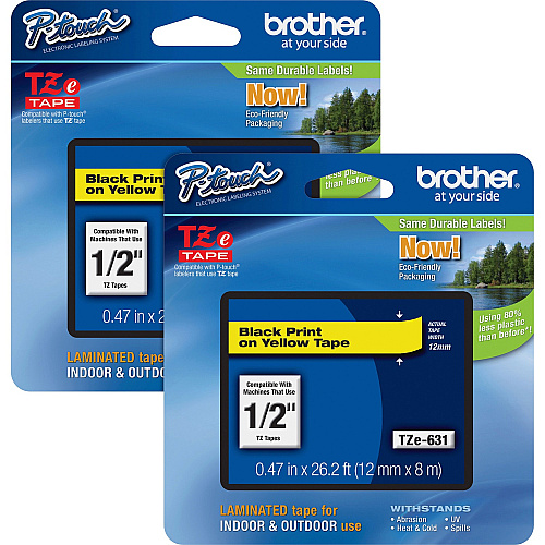 Brother P-touch TZe Laminated Tape Cartridges x 15/32" Width - Rectangle - Yellow - Water Resistant - Laminated - Grease Resistant, Grime Resistant, Temperature Resistant - 2 / Bundle (TZE631BD)