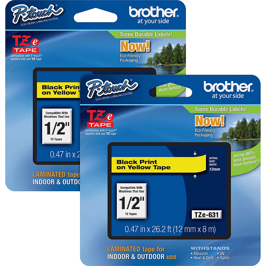 Brother P-touch TZe Laminated Tape Cartridges x 15/32" Width - Rectangle - Yellow - Water Resistant - Laminated - Grease Resistant, Grime Resistant, Temperature Resistant - 2 / Bundle (TZE631BD)