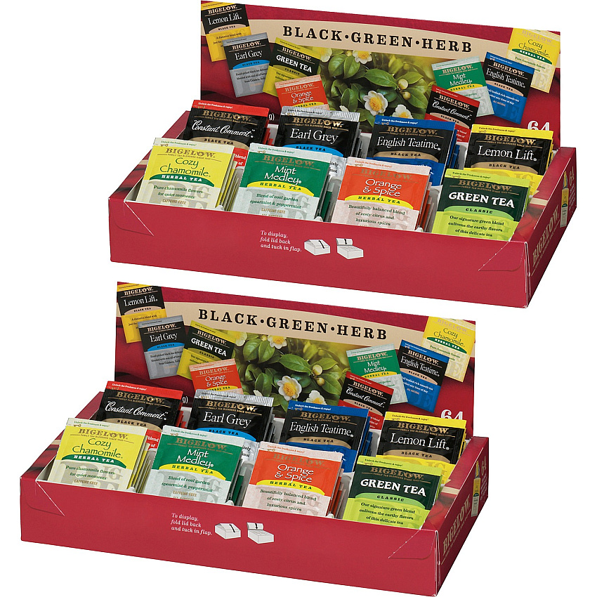 Bigelow&reg; Assorted Flavor Herbal Tea, Black Tea, Green Tea Bag Herbal Tea, Black Tea, Green Tea - 64/Box - 2 / Bundle (10568BD)