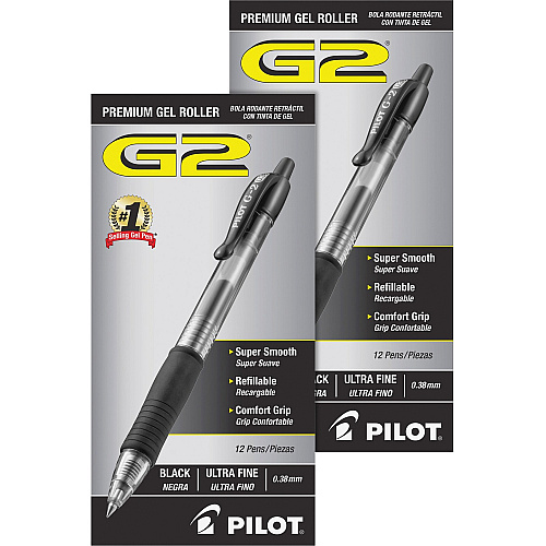 Pilot G2 Premium Gel Roller Retractable Pens 0.38 mm Ultra Fine Pen Point - Refillable - Retractable - Black Ink - Gel-based - Clear Barrel - 1 Dozen/Box - 2 / Bundle (31277BD)