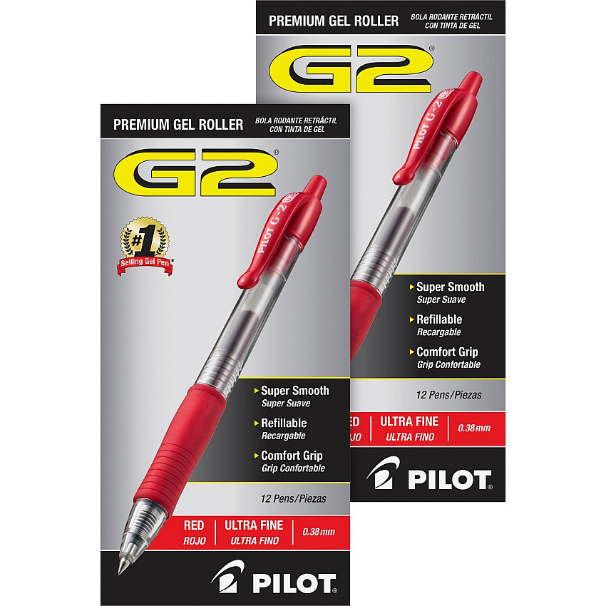 Pilot G2 Premium Gel Roller Retractable Pens 0.38 mm Ultra Fine Pen Point - Refillable - Retractable - Red Ink - Gel-based - Clear Barrel - 1 Dozen/Box - 2 / Bundle (31279BD)