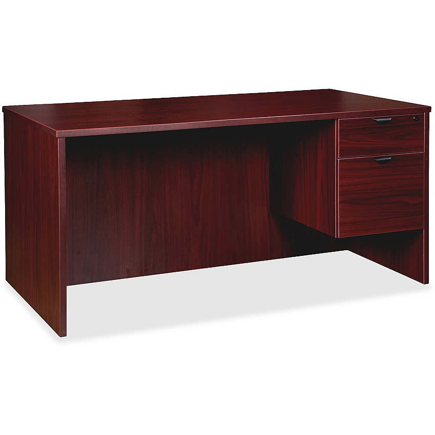 Lorell Prominence 2.0 3/4 Right-Pedestal Desk 1" Thickness Top, 29" Height x 66" Width x 30" Depth - Total Drawer(s): 2 - Single Pedestal on Right Side - Band Edge - Material: Particleboard - Finish: Mahogany Laminate, Thermofused Melamine (LLRPD3066QRMY)