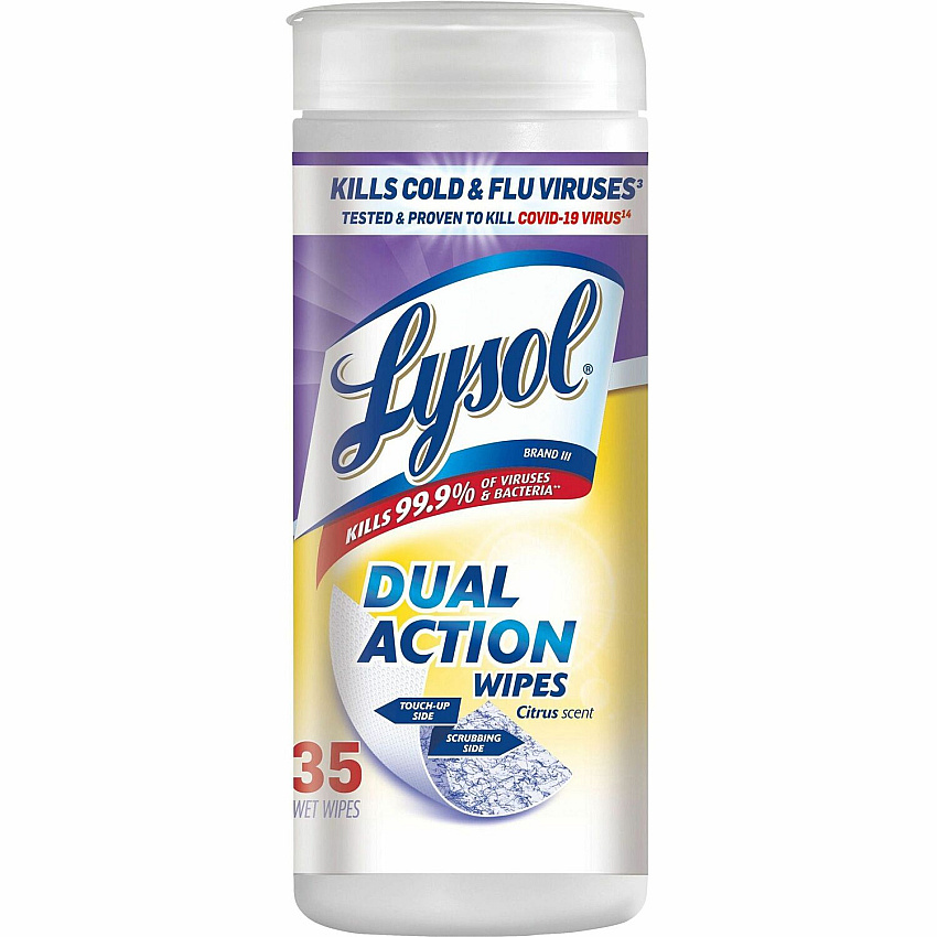 Lysol&reg; Dual Action Disinfecting Wipes, Citrus, 35 Wipes For Multi Surface - Citrus Scent - Recommended For: Stain Remover - White/Purple - 35/Tub - 1 Each (81143)