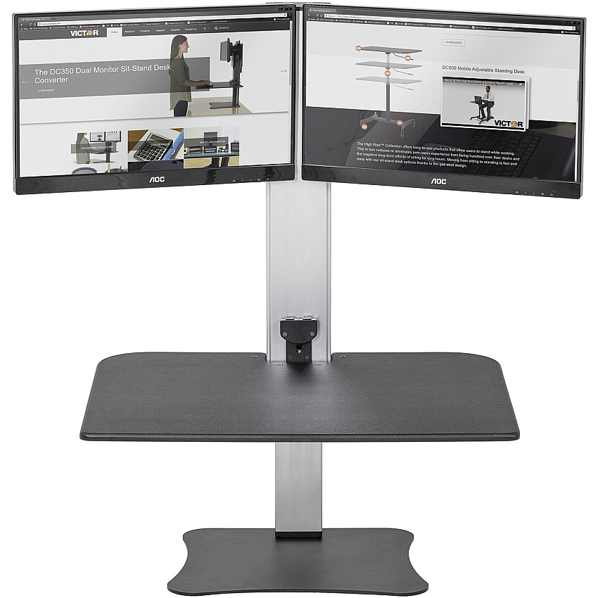 Victor High Rise Electric Dual Monitor Standing Desk Workstation Up to 25" Screen Support - 25 lb Load Capacity - 20" Height x 28" Width x 23" Depth - Desktop, Tabletop - Wood, Steel, Aluminum - Black, Aluminum - Sturdy (DC450)