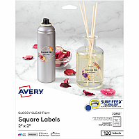 Avery&reg; Sure Feed Glossy Labels Waterproof - 2" Width x 2" Length - Permanent Adhesive - Square - Inkjet, Laser - Glossy Crystal Clear - Crystal Clear - Film - 12 / Sheet - 12 Total Sheets - 120 Total Label(s) - 10 / Pack (22853)