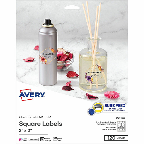 Avery&reg; Sure Feed Glossy Labels Waterproof - 2" Width x 2" Length - Permanent Adhesive - Square - Inkjet, Laser - Glossy Crystal Clear - Crystal Clear - Film - 12 / Sheet - 12 Total Sheets - 120 Total Label(s) - 10 / Pack (22853)