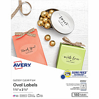 Avery&reg; Sure Feed Glossy Labels 1 1/2" Width x 2 1/2" Length - Permanent Adhesive - Oval - Laser, Inkjet - Crystal Clear - Film - 18 / Sheet - 10 Total Sheets - 180 Total Label(s) - 180 / Pack (22854)