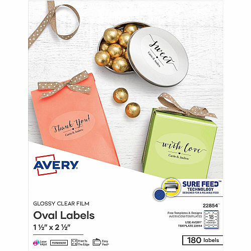 Avery&reg; Sure Feed Glossy Labels 1 1/2" Width x 2 1/2" Length - Permanent Adhesive - Oval - Laser, Inkjet - Crystal Clear - Film - 18 / Sheet - 10 Total Sheets - 180 Total Label(s) - 180 / Pack (22854)