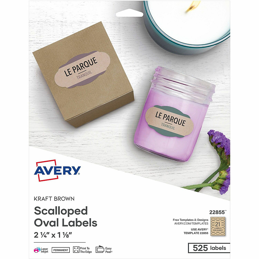 Avery&reg; Multipurpose Label Waterproof - 1 1/8" Width x 2 1/4" Length - Permanent Adhesive - Oval Scallop - Inkjet, Laser - Matte Kraft Brown - Matte - Paper - Customizable, Easy Peel, Permanent Adhesive, Pop Up Edge, Print-to-the Edge, PVC-free (22855)