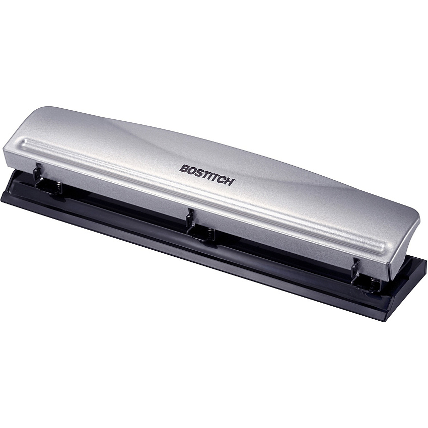 Bostitch 3-hole Punch 3 Punch Head(s) - 12 Sheet - 9/32" Punch Size - Steel, Rubber - 2.5" Width x 10.6" Depth x 1.7" Height - Silver, Black (HP12)