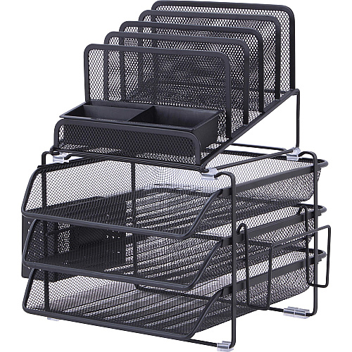 Lorell Divided 4-tier Desktop Organizer 4 Tier(s) - 15.75" Height x 12.87" Width x 14.37" Depth - Desktop - Black - Plastic, Mesh - 1 Each (LLR95251)