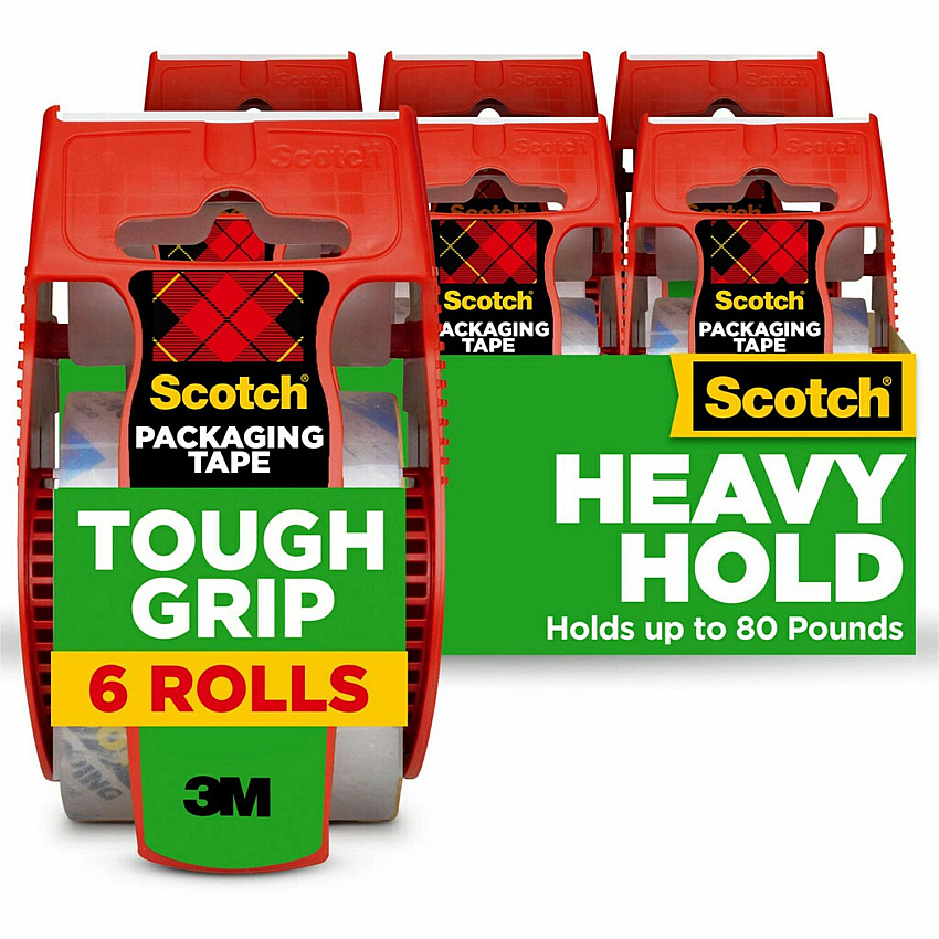 Scotch Tough Grip Moving Packaging Tape 22.20 yd Length x 1.88" Width - Clear - Fiber - Dispenser Included - 6 / Pack (1506)
