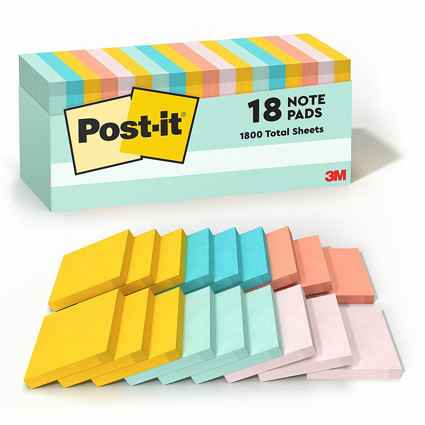 Post-it&reg; Notes Cabinet Pack 3" Flag/Note Width x 3" Flag/Note Length - Square - 100 Sheets per Pad - Unruled - Fresh Mint, Aqua Splash, Sunnyside, Papaya Fizz, Guava - Self-adhesive, Self-stick - 18 / Pack (65418APCP)