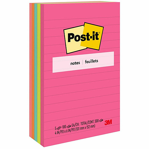 Post-it&reg; Notes Original Notepads - Poptimistic Color Collection 4" Flag/Note Width x 6" Flag/Note Length - Rectangle - 100 Sheets per Pad - Ruled - Power Pink, Neon Green, Aqua, Neon Orange, Guava Pink - Self-adhesive, Self-stick - 5 / Pack (6605AN)