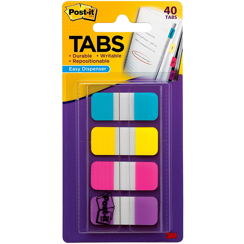 Post-it&reg; Easy Dispenser Tabs 40 Tab(s) - 0.63" Tab Width - Self-adhesive - Pink, Purple, Yellow, Blue Tab(s) - 40 / Pack (676AYPV)
