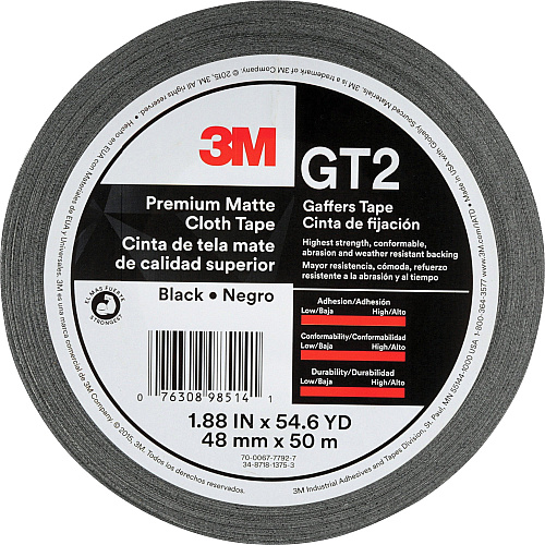 3M Gaffers Cloth Tape 54.60 yd Length x 1.90" Width x 11 mil Thickness - Black - Vinyl - 1 Roll (GT2)