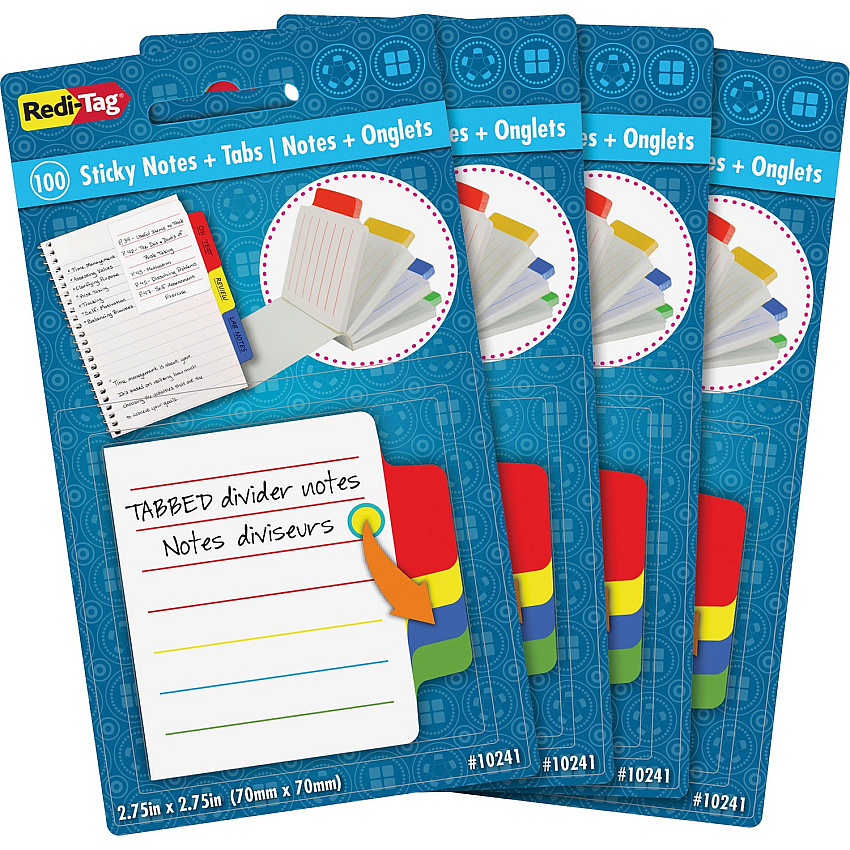 Redi-Tag Tabbed Divider Notes 4" Flag/Note Width x 4" Flag/Note Length - Square - Ruled - Multicolor - Tab, Self-stick - 100/Pack - 4 / Box (10246)