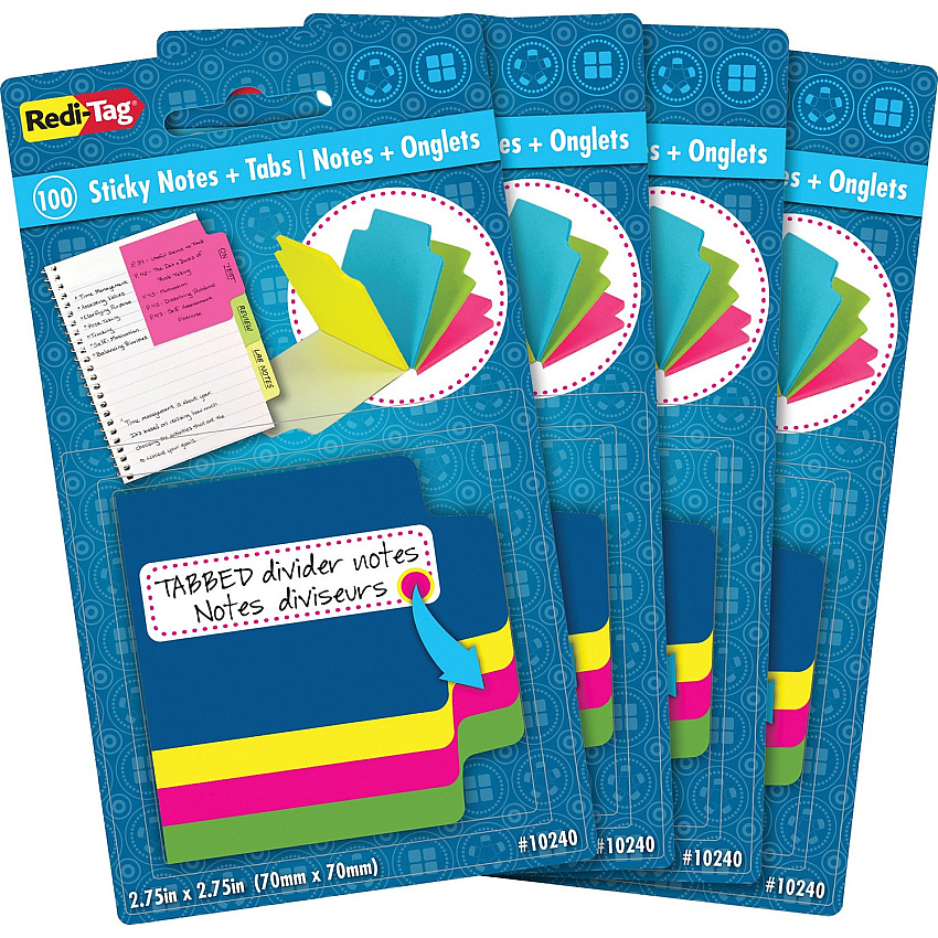 Redi-Tag Tabbed Divider Notes 4" Flag/Note Width x 4" Flag/Note Length - Square - Unruled - Assorted - Tab, Self-stick - 100/Pack - 4 / Box (10247)
