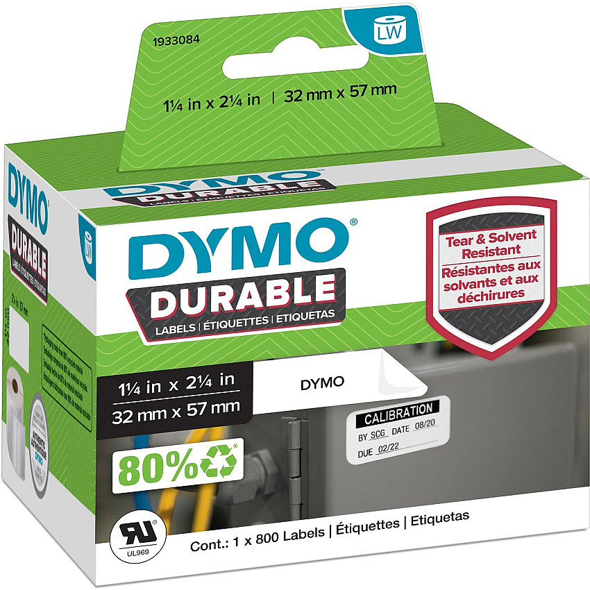 Dymo LW Durable Labels Height x 2 1/4" Width x 1 17/64" Length - Rectangle - White - Plastic - 1 Each - Water Resistant (1933084)