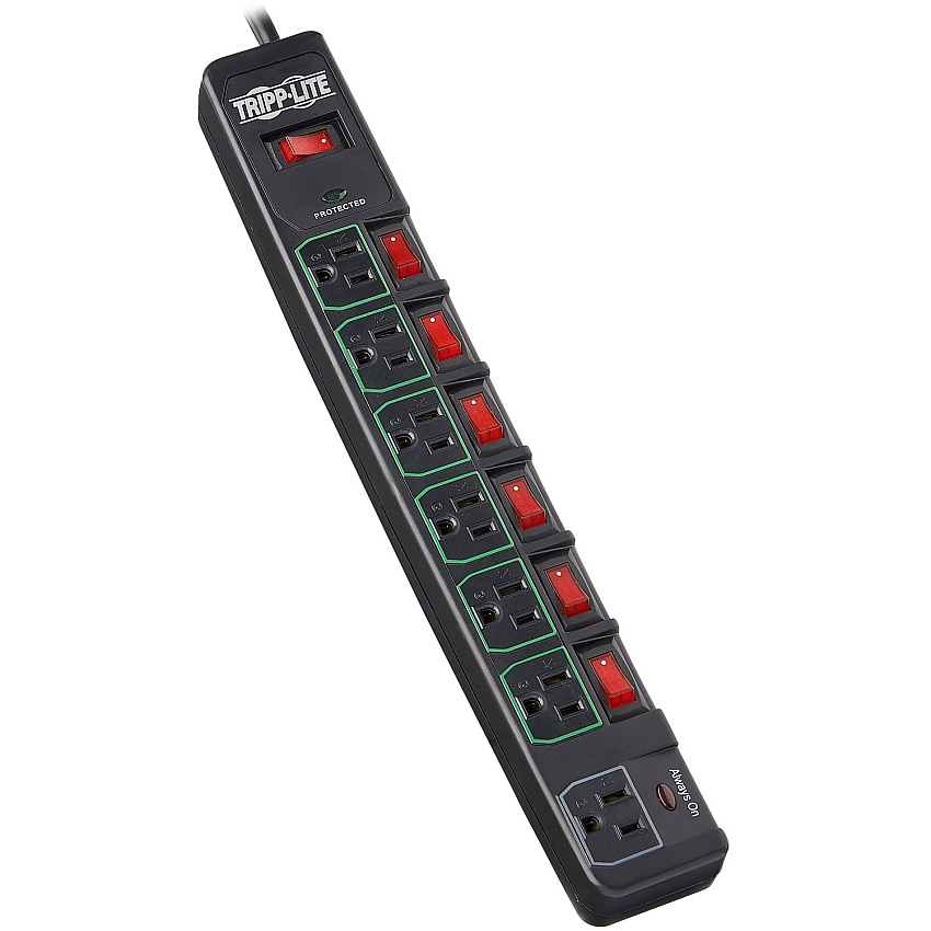 Tripp Lite by Eaton ECO-Surge 7-Outlet Surge Protector, 6 ft. (1.83 m) Cord, 1080 Joules, 6 Individually Controlled Outlets, Black Housing 7 x NEMA 5-15R - 1800 VA - 1080 J - 120 V AC Input - 120 V AC Output - 6 ft (TLP76MSGB)