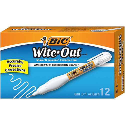 Wite-Out Shake 'N Squeeze Correction Pen Pen Applicator - 8 mL - White - Fast-drying - 12 / Box (WOSQP11BX)
