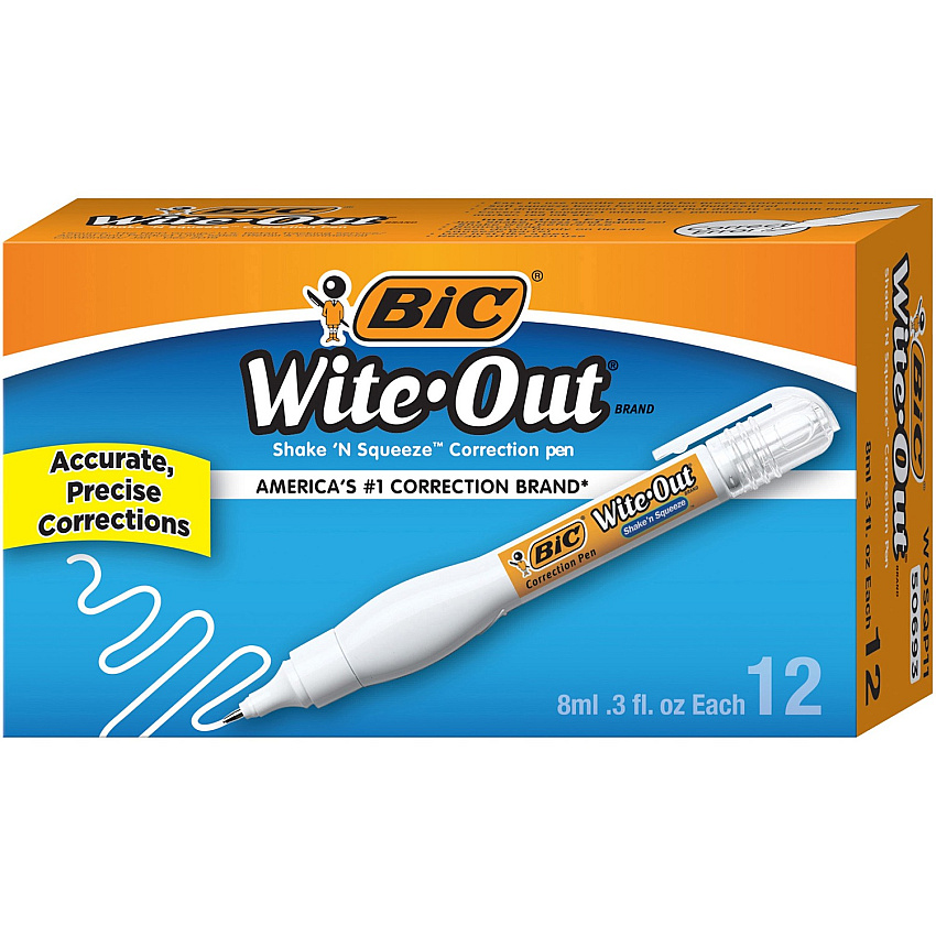Wite-Out Shake 'N Squeeze Correction Pen Pen Applicator - 8 mL - White - Fast-drying - 12 / Box (WOSQP11BX)