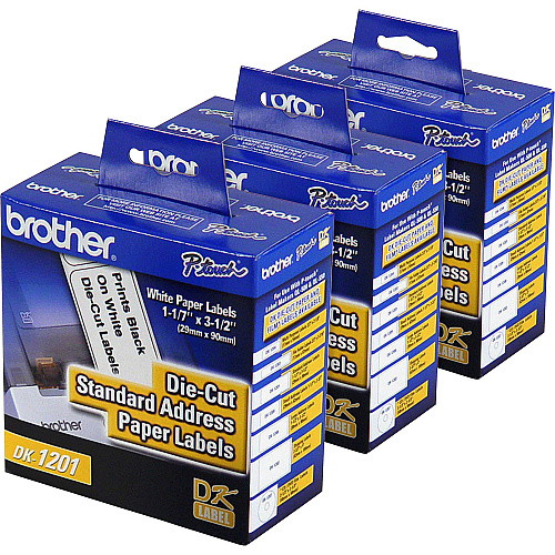 Brother Standard Address Paper Labels 3 9/64" Width x 1 9/64" Length - Direct Thermal - White - Paper - Die-cut - 400 / Roll - 3 / Box (DK1201BX)