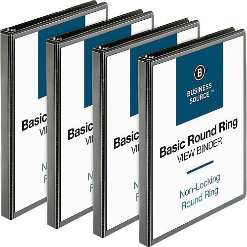 Business Source Round-ring View Binder 1/2" Binder Capacity - Letter - 8 1/2" x 11" Sheet Size - 125 Sheet Capacity - Fastener(s): Round Ring - Pocket(s): 2, Internal - Polypropylene - Black - Sturdy, Non-glare, Exposed Rivet, Durable, Gap-fr (BSN09950BD)