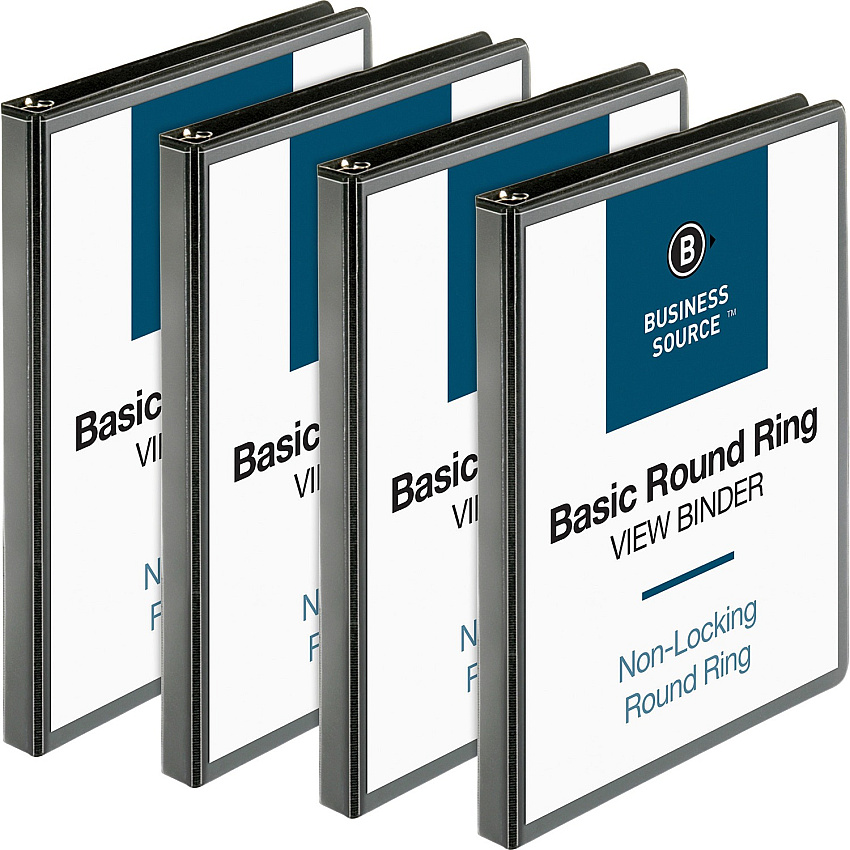 Business Source Round-ring View Binder 1/2" Binder Capacity - Letter - 8 1/2" x 11" Sheet Size - 125 Sheet Capacity - Fastener(s): Round Ring - Pocket(s): 2, Internal - Polypropylene - Black - Sturdy, Non-glare, Exposed Rivet, Durable, Gap-fr (BSN09950BD)