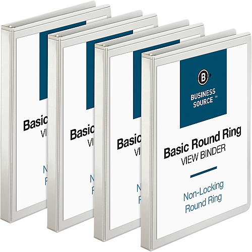 Business Source Round-ring View Binder 1/2" Binder Capacity - Letter - 8 1/2" x 11" Sheet Size - 125 Sheet Capacity - Fastener(s): Round Ring - Pocket(s): 2, Internal - Polypropylene - White - Sturdy, Non-glare, Exposed Rivet, Durable, Wrinkl (BSN09951BD)