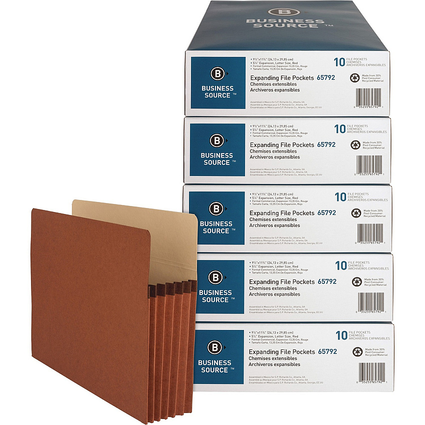 Business Source Letter Recycled File Pocket 8 1/2" x 11" - 1200 Sheets Capacity - 5 1/4" Expansion - Redrope - Sturdy - 30% Recycled - 10/Box - 5 / Carton (BSN65792CT)
