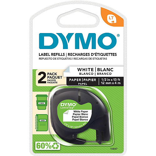 Dymo LetraTag Electronic Labelmaker Tape 1/2" Width - Direct Thermal - White - Paper - Easy Peel - 2/Pack - 3 / Box (10697BX)