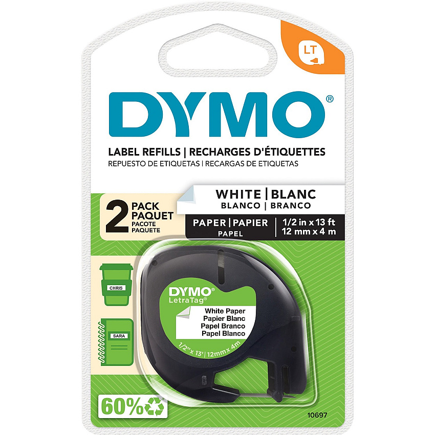 Dymo LetraTag Electronic Labelmaker Tape 1/2" Width - Direct Thermal - White - Paper - Easy Peel - 2/Pack - 3 / Box (10697BX)