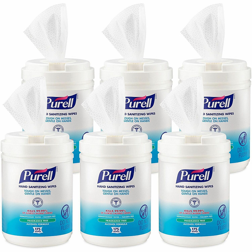 PURELL&reg; Alcohol Hand Sanitizing Wipes 6" Width x 7" Length - White - 175/Tub - 6 / Carton (903106CT)