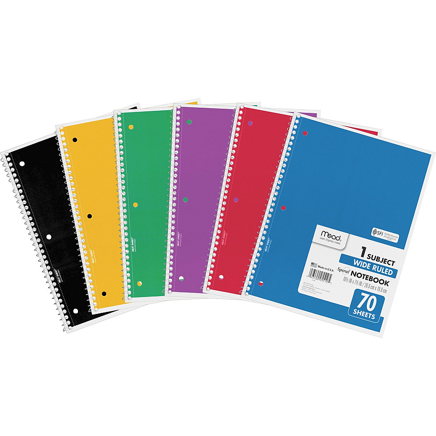 Mead Wide Ruled 1-Subject Notebooks 70 Sheets - Spiral - Wide Ruled Front Ruling - 8" x 10 1/2" Sheet Size - White Paper - Assorted Cover - Hole-punched, Micro Perforated - 6 / Bundle (05510BD)