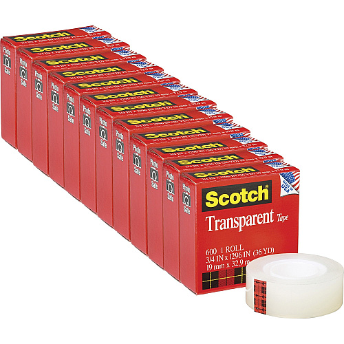 Scotch Transparent Tape - 3/4"W 36 yd Length x 0.75" Width - 1" Core - Clear - Stain Resistant, Moisture Resistant, Long Lasting - For Multipurpose, Mending, Packing, Label Protection, Wrapping - 12 / Pack (600341296PK)