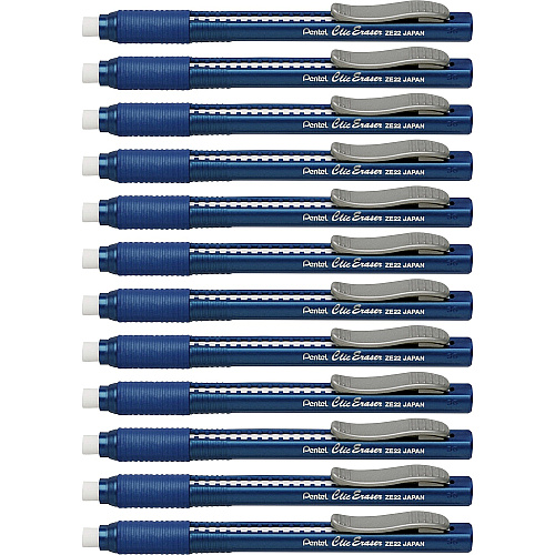 Pentel Rubber Grip Clic Eraser Blue Barrel - Pen - Refillable - 12 / Box - Retractable, Latex-free Grip, Pocket Clip, Ghost Resistant, Non-abrasive (ZE22CBX)