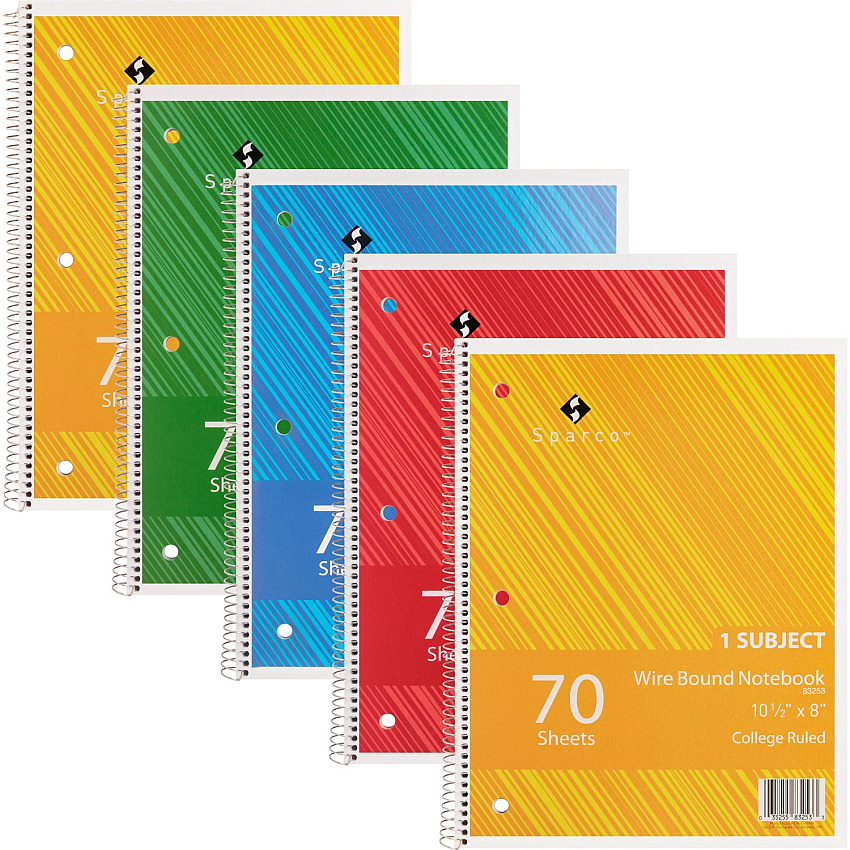 Sparco Wirebound Notebooks 70 Sheets - Wire Bound - College Ruled Front Ruling - Unruled Margin - 16 lb Basis Weight - 8" x 10 1/2" Sheet Size - Assorted Chipboard Cover - Subject, Stiff-cover, Stiff-back, Perforated, Hole-punched - 5 / Bundle (83253BD)